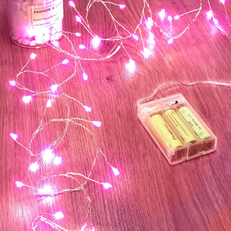 Fairy Lights Battery Operated, Twinkle String Lights Waterproof Silver Wire 5 Feet 60 Led Firecracker Starry Lights For Diy Wreath Home Wedding Party Bedroom Mason Jar Holiday Christmas, Pink