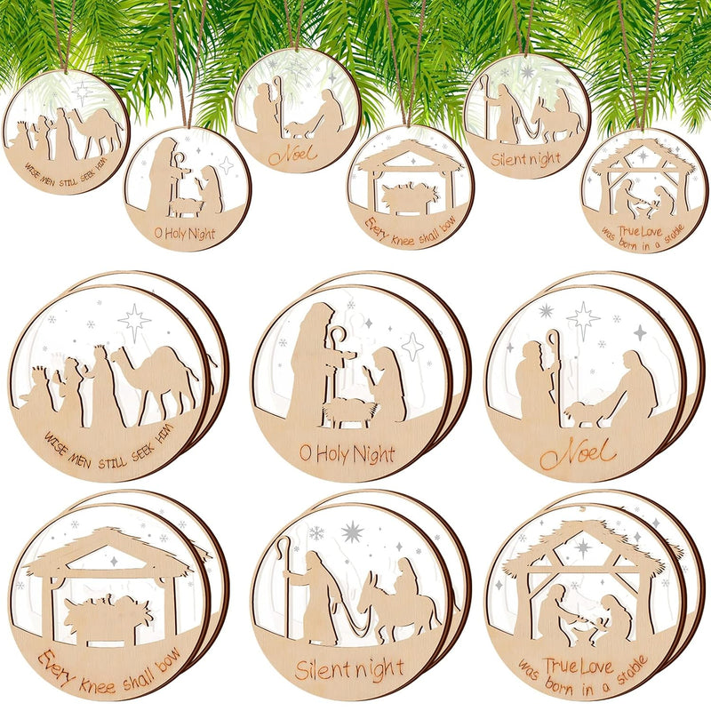 Nativity Scene Christmas Tree Ornament Round Wooden Decorations Jesus Ornament