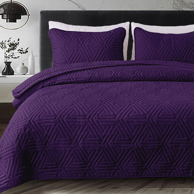 Soft Queen Size Quilt Set For All Seasons, 3-Piece Ultrasonic Geometric Quilts
