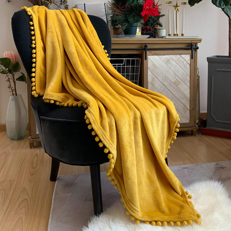 Flannel Blanket With Pompom Fringe Lightweight Cozy Bed Blanket Soft Throw Bla