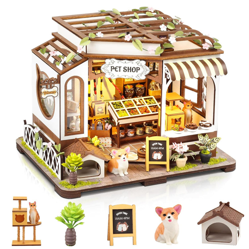 Diy Miniature House Kit,Tiny House Pet Shop With Furniture & Led,Diy Dollho