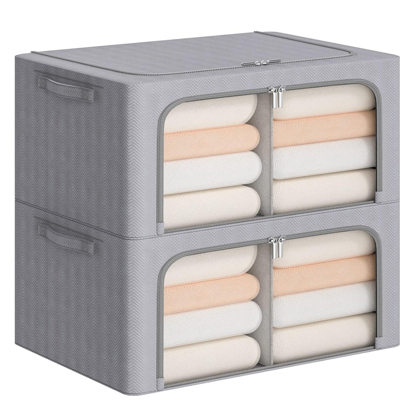 Foldable Clothes Storage Bins 2 Pack, Stackable Metal Frame Clothing Storage Box