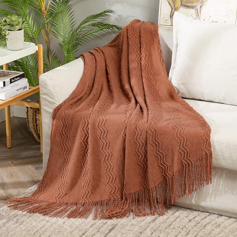 Knitted Throw Blanket For Couch Textured Knit Rust Blanket With Tassels Cozy W