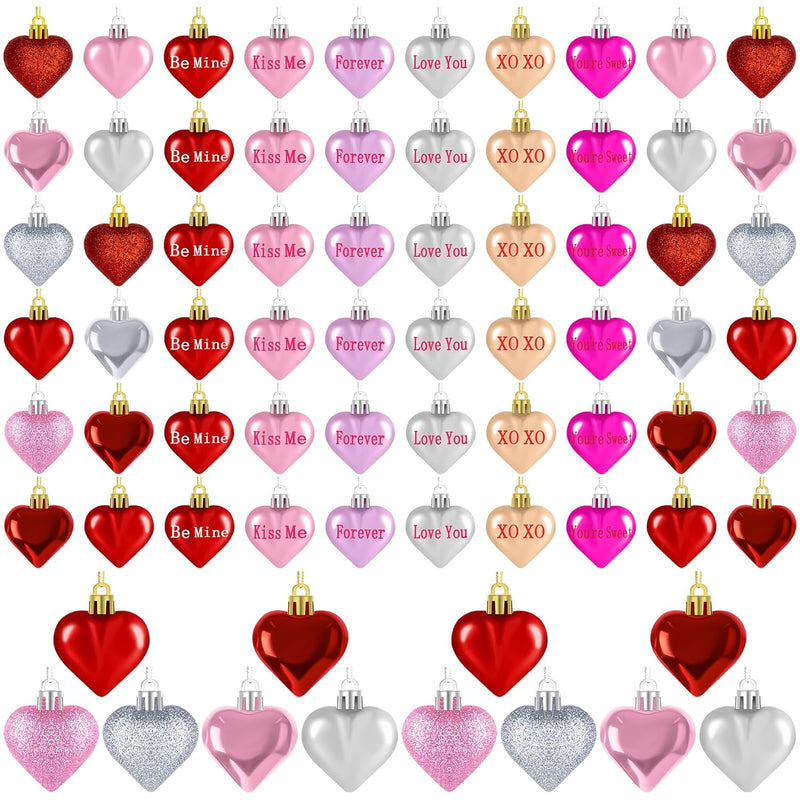 72 Pieces Heart Shaped Ornaments, Romantic Heart Hanging Baubles Decorations,