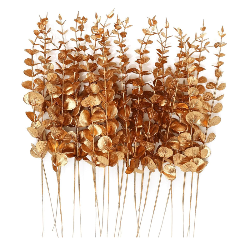 24Pcs Artificial Gold Eucalyptus Stems Decor 14 Inch Faux Eucalyptus Branches