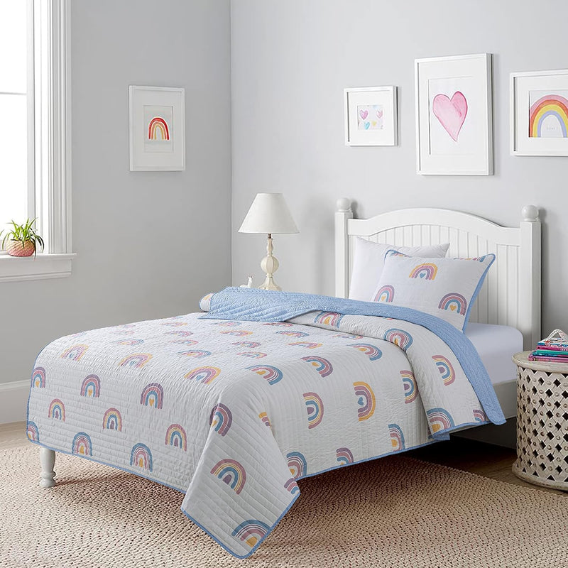 Hearts & Rainbows Bedding Quilt Set - Twin With 1 Sham | Lightweight Quilted B