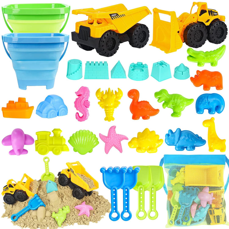 Beach Toys, 31Pcs Sand Toys, Sandbox Toys With 2 Truck 2 Collapsible Sand B