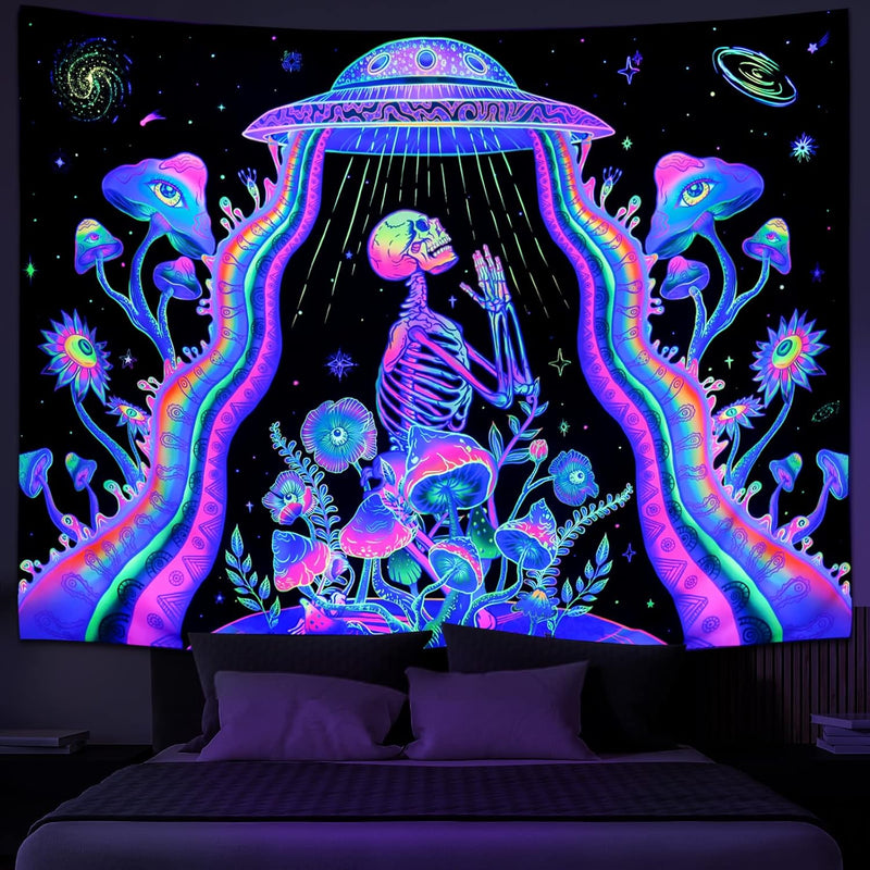Blacklight Skeleton Tapestry Mushroom Floral Tapestry Uv Reactive Alien Ufo Ta