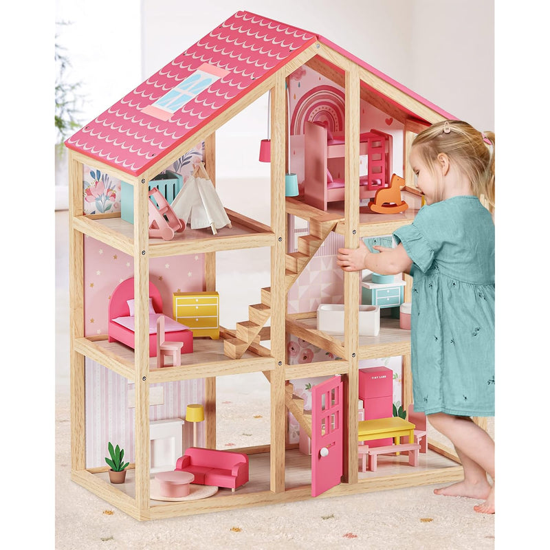 Tiny Land Wooden Dollhouse for Girls - 6 Rooms Wooden Doll House, DIY Prete