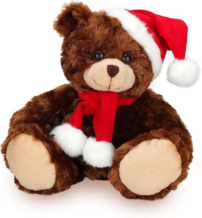 Plushland Adorable Soft and Hairy Santa Teddy Bear, Stuffed Animal Holiday Toys Christmas Accessories – A Perfect Toy Gift for Kids (11 Inches, Xmas Chocolate Bear)