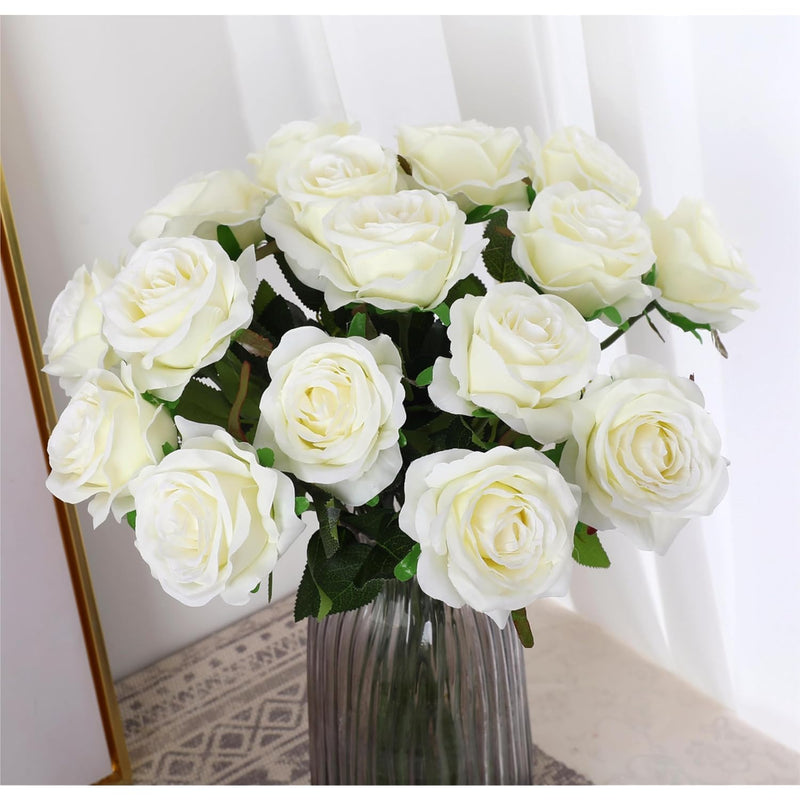 Fake Roses Artificial Silk Flowers - 12 Pcs White Roses Artificial Faux Flower