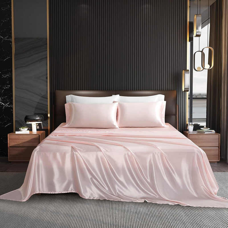Na Hommxjf 4Pcs Blush Pink Satin Sheets Queen Size Silky Sheets Sets Lightweig