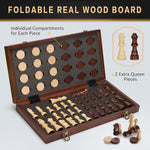 2 In 1 Magnetic Chess Set & Checkers Board Game, 15" Wooden Folding Chess Board