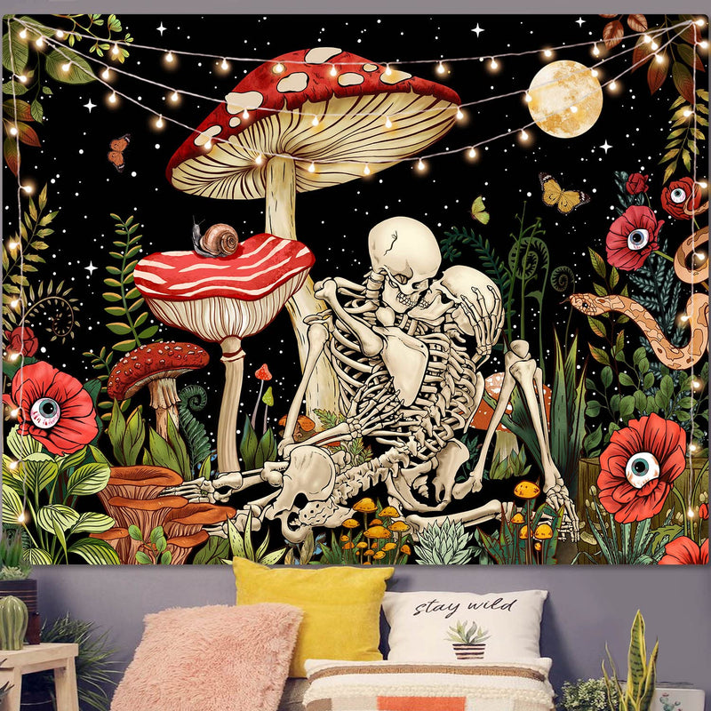 Mushroom Skull Tapestry Skeleton Floral Tapestries Trippy Flower Plant Tapestr