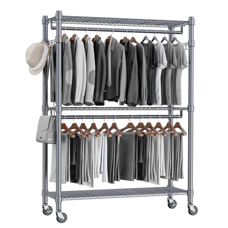 3 Shelves Wire Shelving Clothing Rolling Rack Heavy Duty Commercial Grade Garmen