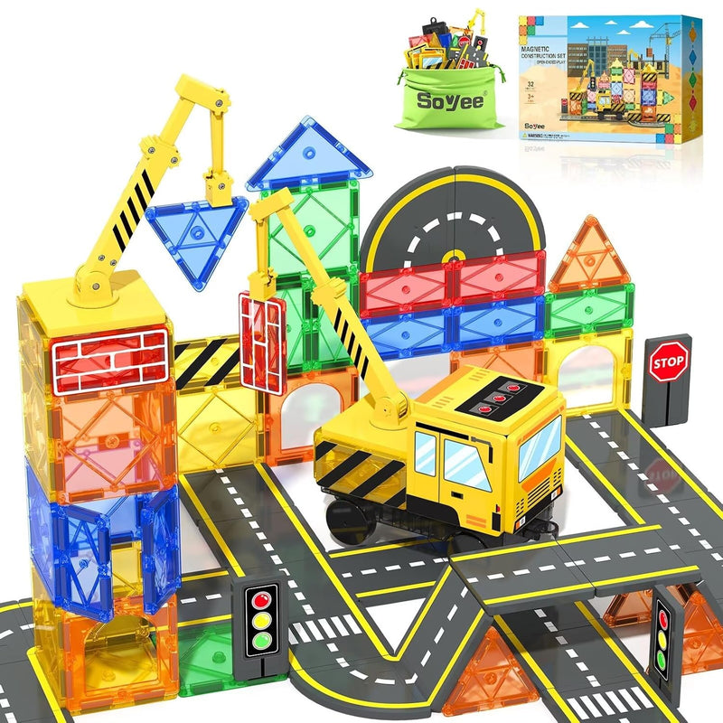 Magnetic Tiles Construction Set With Crane, Road Pieces And Truck Magnetic