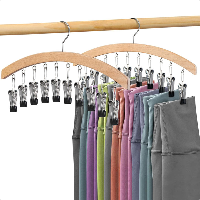 2 Pack Legging Organizer For Closet,Wooden Pants Hangers Space Saving With Clips