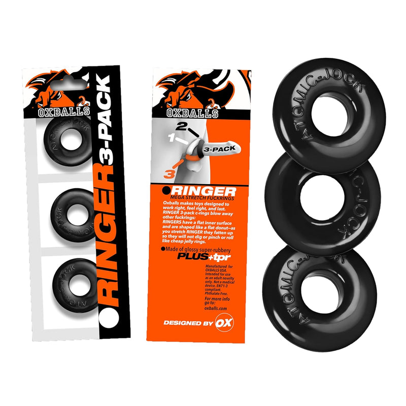 Ringer-3 Silicone Cock Ring, No-Roll Cock & Ball Ring, Couples Adult Toys, Jelly-Like Mens Pleasure Accessories, Black, 3-Pack