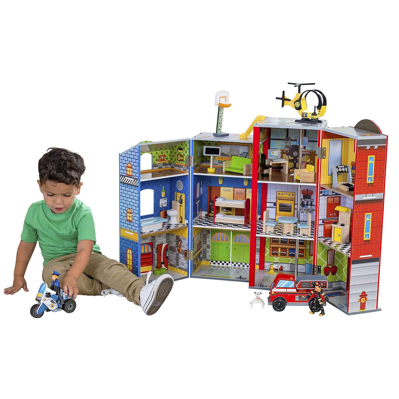 KidKraft Everyday Heroes Wooden Playset, 3-Story with 26-Piece Accessories,
