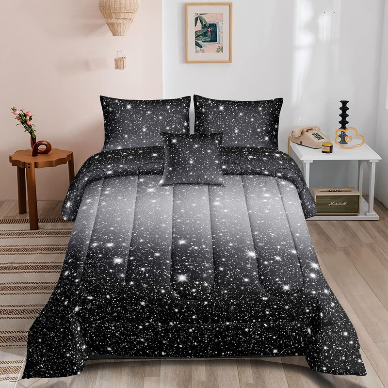 6 Pieces Black Grey Glitter Sparkles Comforter Set Queen Size,Galaxy Starry Sk
