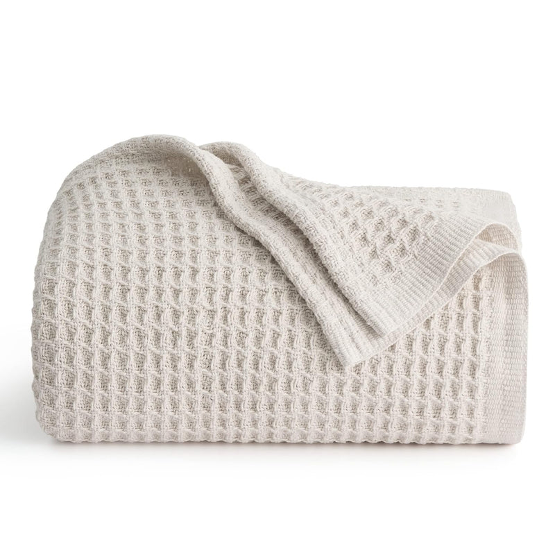 100% Cotton Throw Blankets For Couch - Waffle Weave Blankets For All Seasons, Cozy And Soft Woven Blankets, Lightweight Fall Throw Blankets, Light Beige/Linen, 50X70 Inches