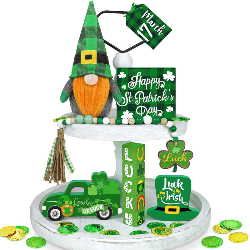 St Patricks Day Decor, 12 Pcs St Patricks Day Tiered Tray Decor - Plush Gnome,