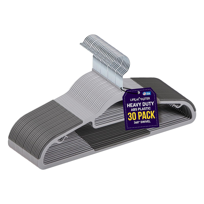 Durable Non-Slip Clothes Hangers - Premium Set Of 30 Sturdy Gray Plastic With Sm