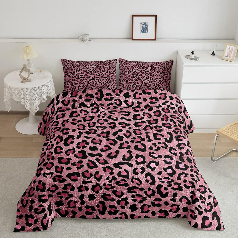 Pink Leopard Print Comforter Set Twin Size,Cheetah Bedding Set 2Pcs For Kids T