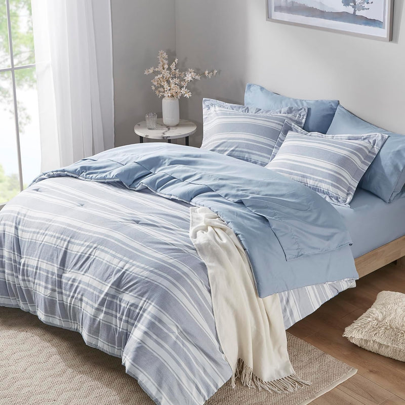 Bedding Comforter Set Queen Size, 7 Pieces Blue White Striped Bed In A Bag Rev