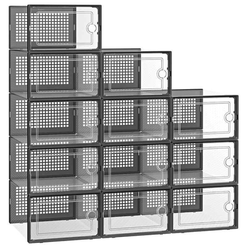 Black Shoe Organizers Storage Boxes For Closet, 12 Pack Clear Plastic Stackable