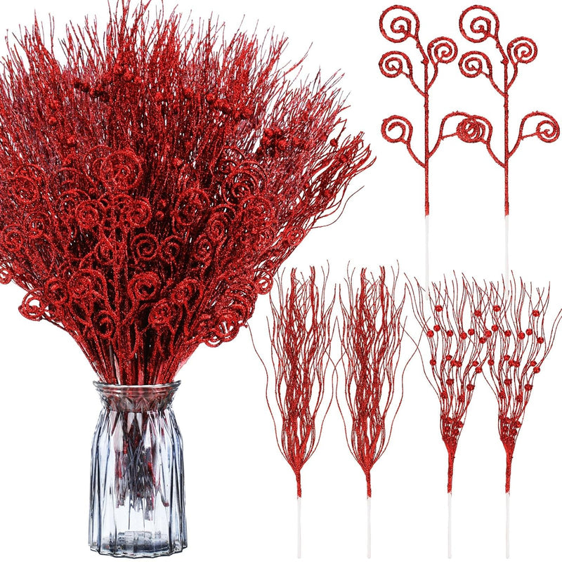 48 Pcs Christmas 17'' 12'' Artificial Glitter Curly Berry Stems Ornaments Fake