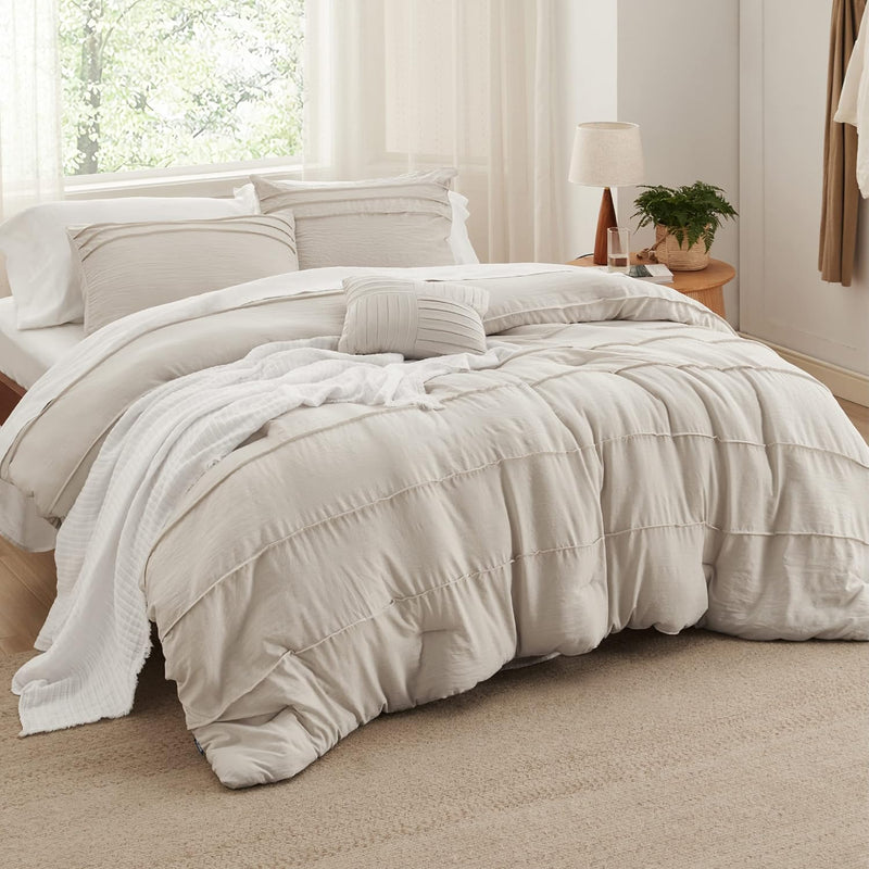 Beige Full Size Comforter Set - 4 Pieces Pinch Pleat Bed Set, Down Alternative