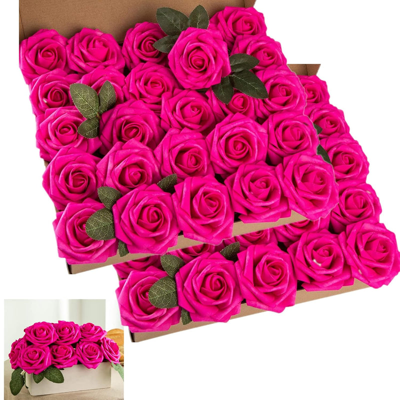Artificial Flower Foam Hot Pink Rose 50Pcs Real Looking Fake Rose With Stems L