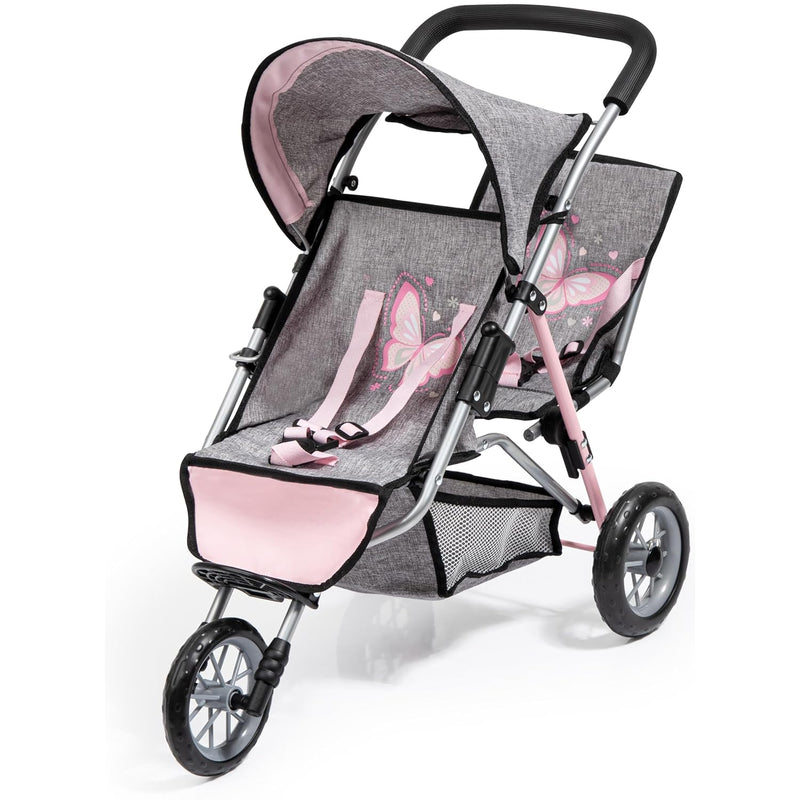 Bayer Design Dolls Twin 3 Wheel Jogger, Grey, Pink