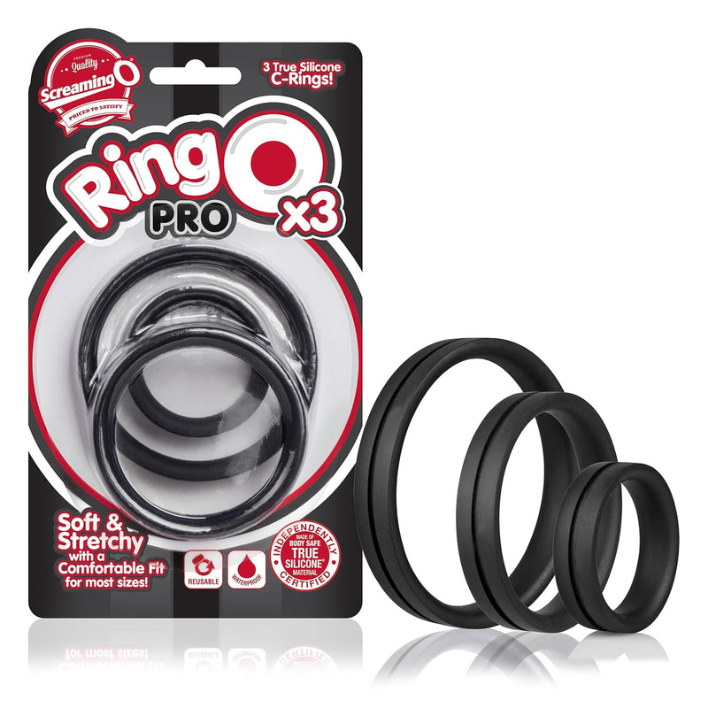 Ringo Pro Lg – Black Silicone Penis Ring 3-Pack – Stretchy, Comfortable Rings For Men – Reusable Couples Toy For Enhanced Performance