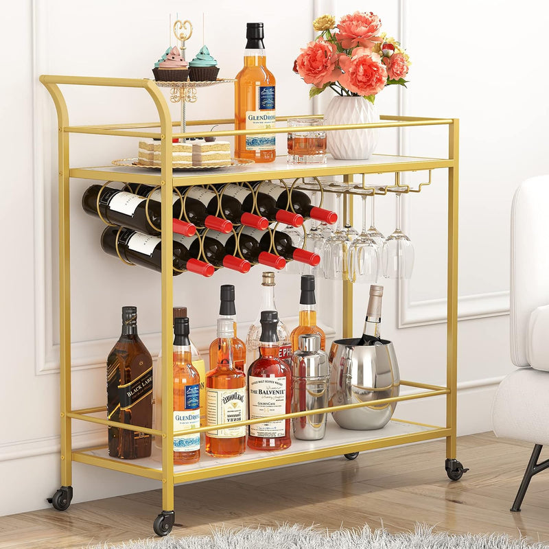 Bar Cart, Home Bar Serving Cart, 2 Tier Drink Cart With 9 Wine Bottle Racks, L