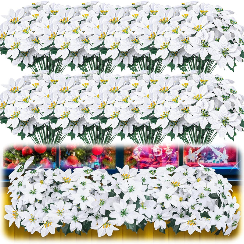 50 Pcs Christmas Artificial Poinsettia Flowers 7 Heads Faux Poinsettia Bush Bo