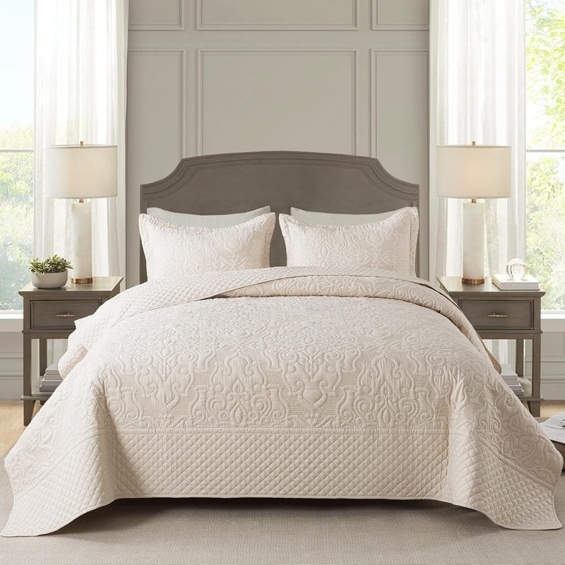 Quilt Bedspread Set, Beige Jacquard Embossed Floral Pattern Reversible Embroid