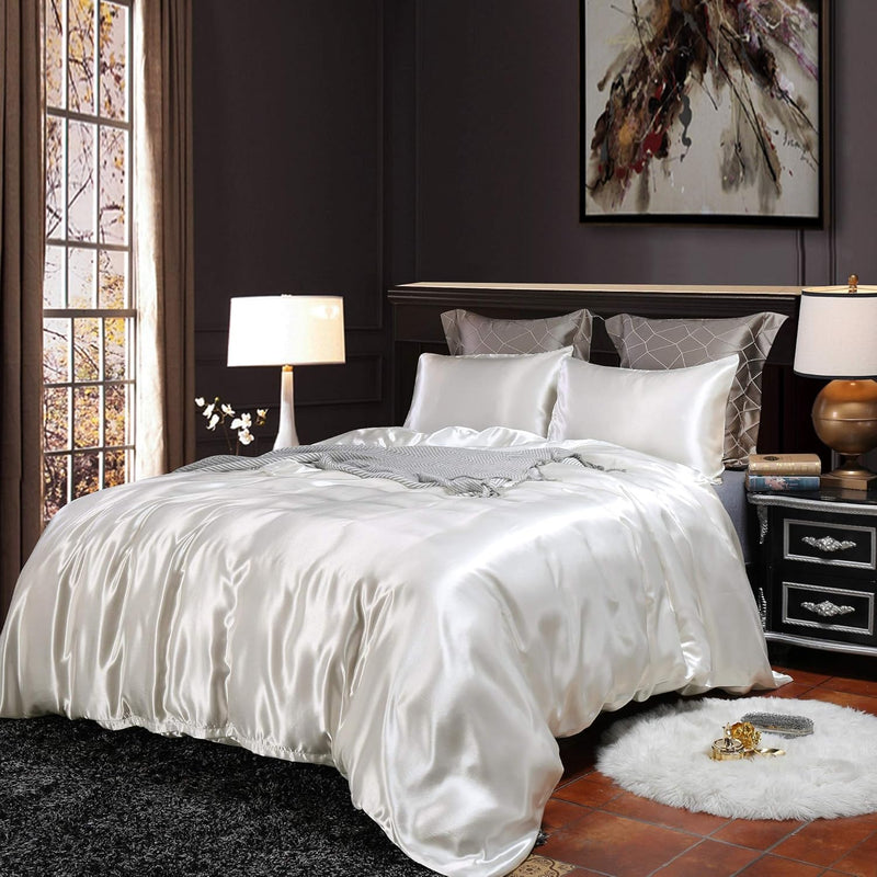 Hotel White Duvet Cover Full Silk Like Satin Bedding Set Reversible Quilt Comf
