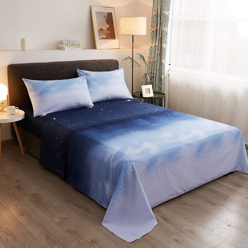 Bed Sheet Set Twin Size Galaxy Outer Style Moon/Star Pattern Gradient Deep Poc
