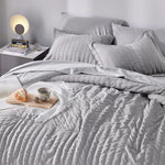 Full Bed In A Bag Light Grey Seersucker Textured Comforter Set With Sheets 7-Pieces All Season Bedding Sets With Comforter, Pillow Sham, Flat Sheet, Fitted Sheet And Pillowcase