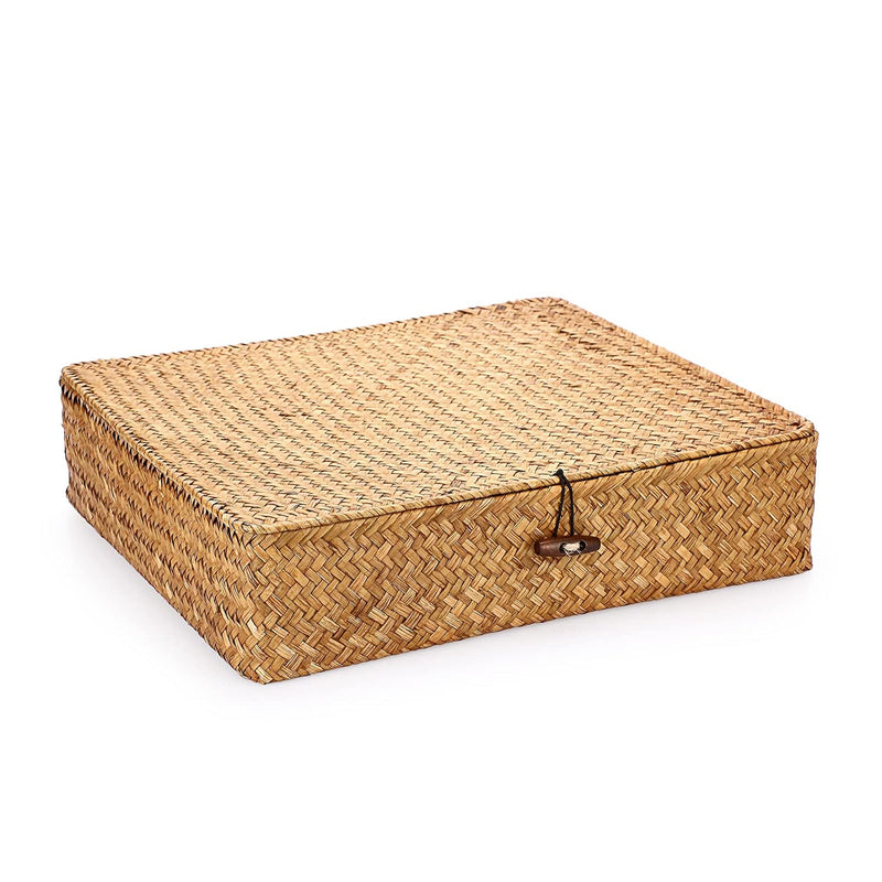 Flat Woven Wicker Basket Bins With Lid X-Large Natural Seagrass Storage Basket B
