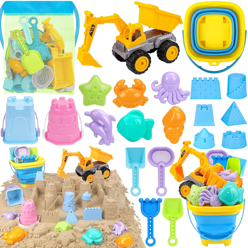 Beach Toys, 21Pcs Sand Toys, Sandbox Toys With 2 In 1 Beach Truck, Collapsi