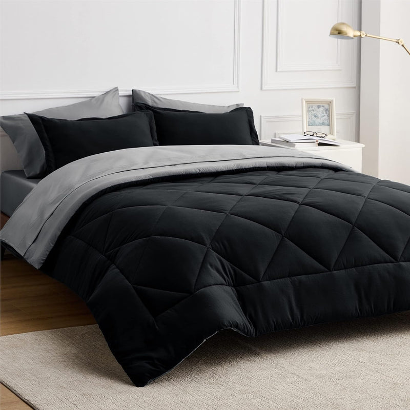 Black Comforter Set King - 7 Pieces Reversible Black Bed Set King, Black Beddi