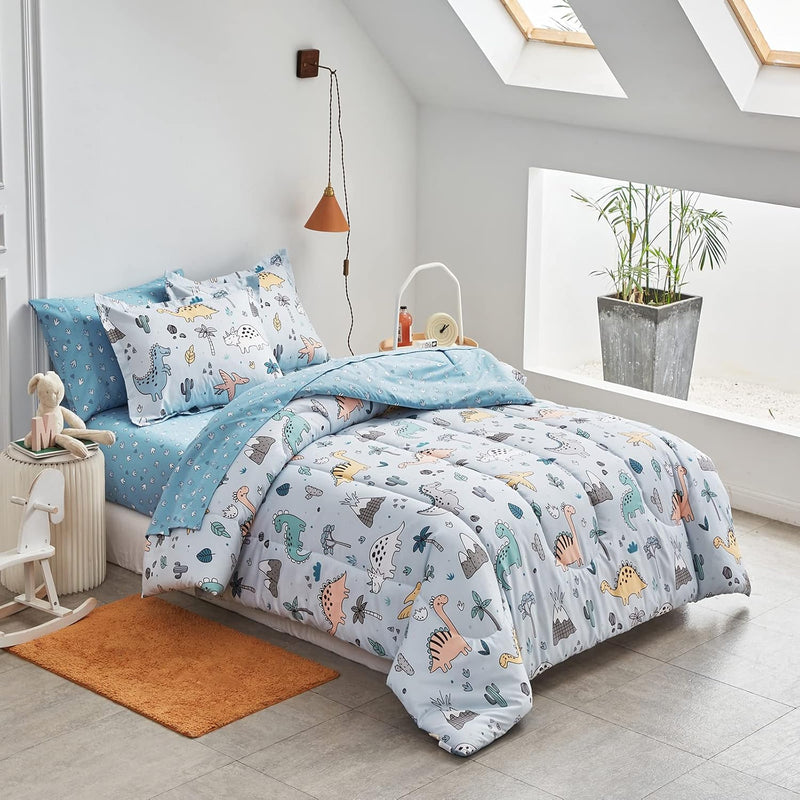 6 Piece Twin Size Bed In A Bag, Colorful Dinosaur On Light Blue, Soft Microfib