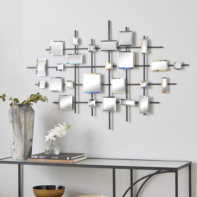 Metal Geometric Wall Decor With Square Mirrored Accents, 28" X 1" X 44", Black