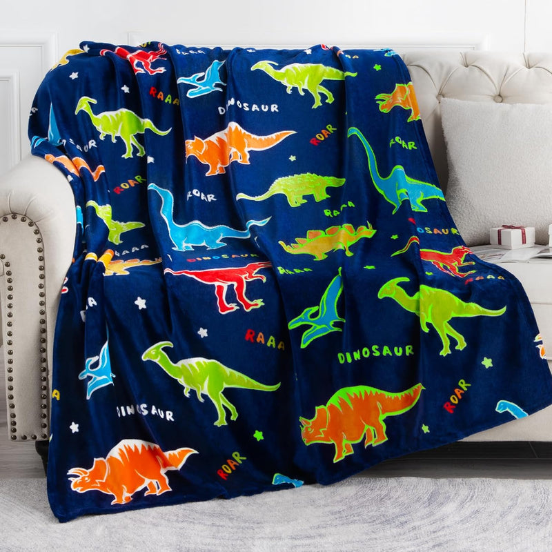Glow in the Dark Dinosaur Blanket for Kids, Soft 50 x 60 Inch Throw Blanket