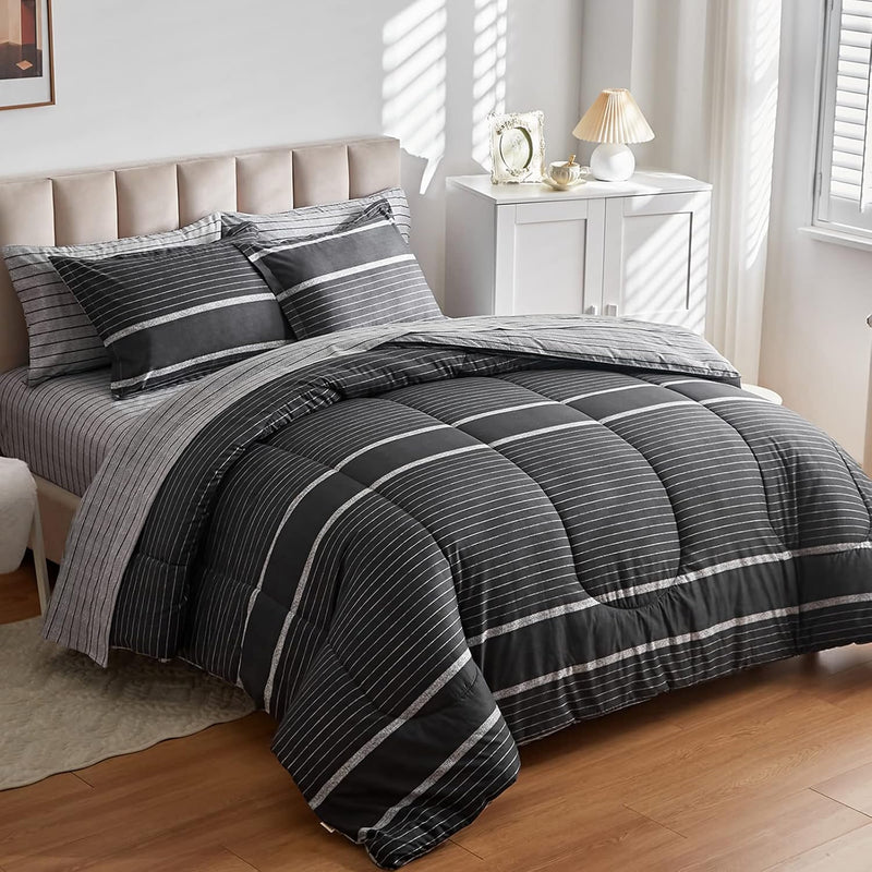 Ombre Boho Striped Bed In A Bag 6 Pieces Twin Size, White Striped On Black Dar