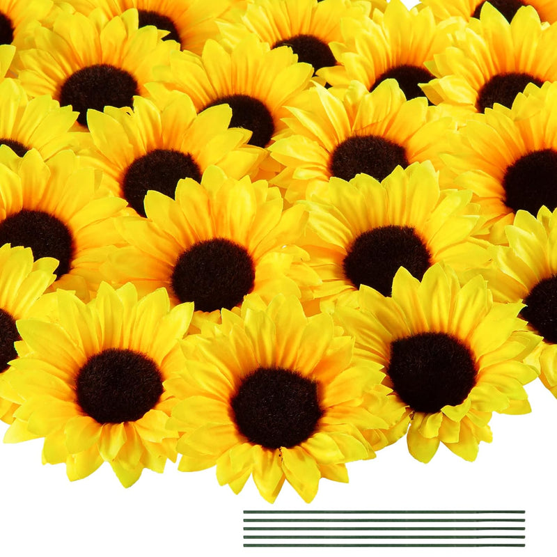 40Pcs Fake Sunflower Heads With Stems, 4" Sunflower Artificial Flower Heads,Si