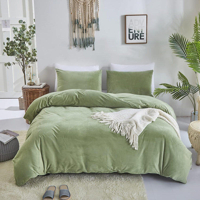Sage Green Velvet Comforter Set Queen Fluffy Light Green Comforter Bedding Set